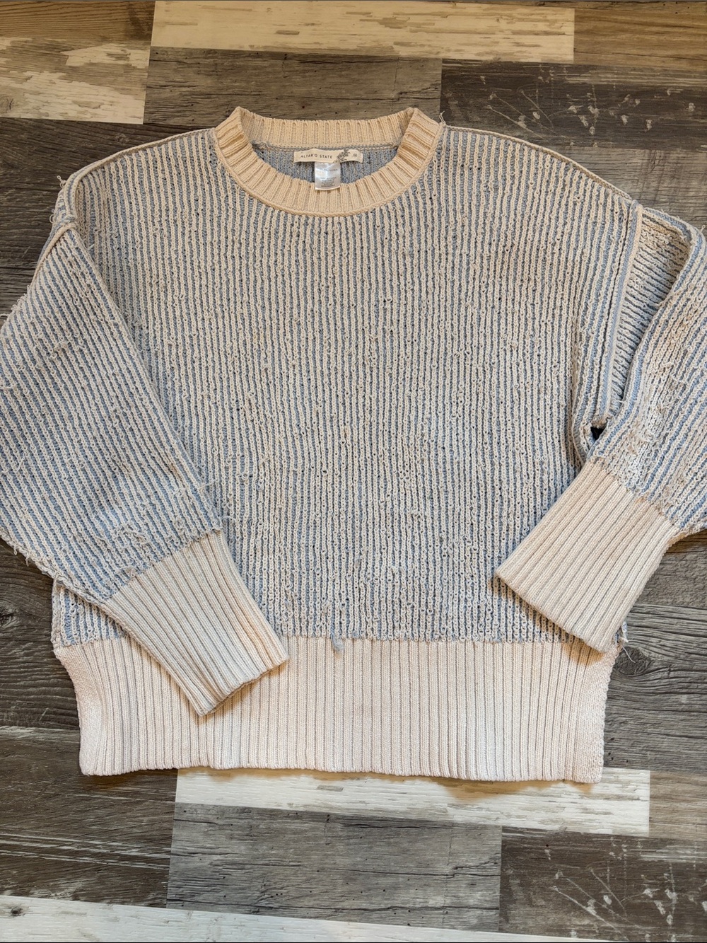 Altar'd State Two-Tone Gray and Cream Ribbed Crewneck Sweater